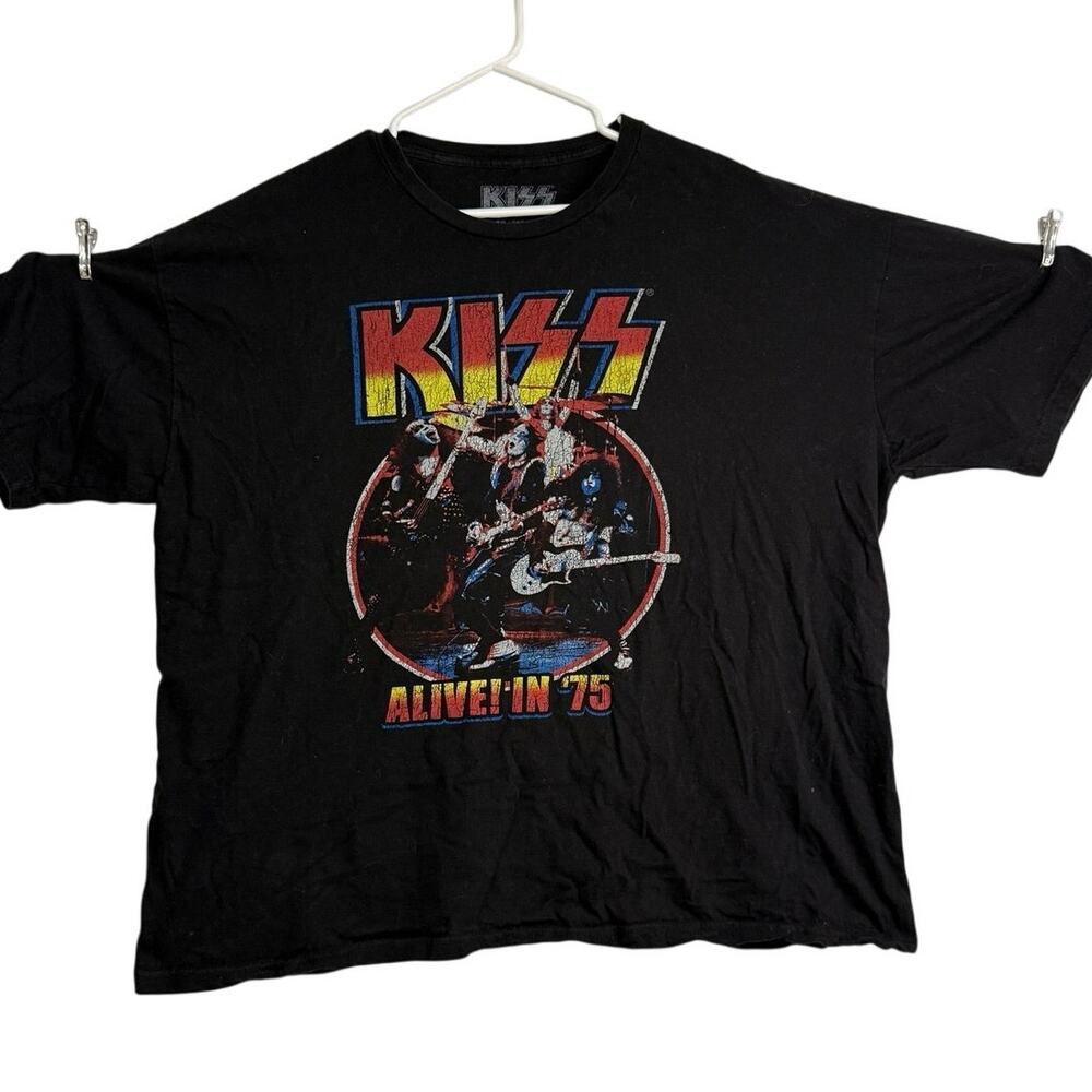 KISS Alive In ’75 T-Shirt XXL Black Graphic Rock Band 100% Cotton